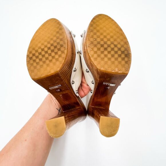 Gucci Horsebit White Mules Platform Leather Wooden Heels Sandals 38.5, 8.5 - Picture 12 of 15